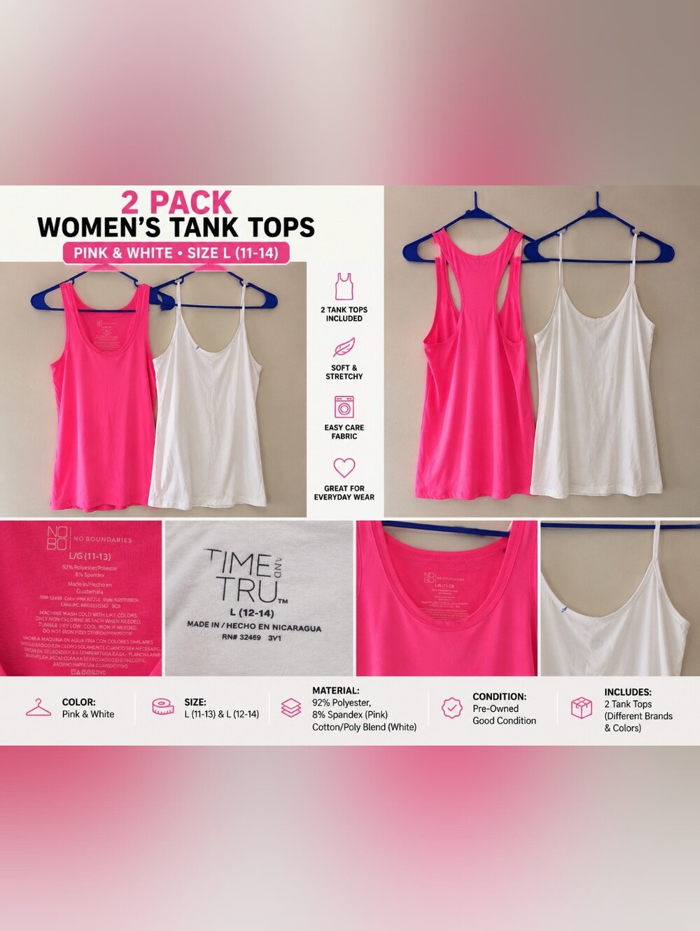 Women’s Pink & White Tank Tops 2-Pack – Size L – No Boundaries & Time and Tru